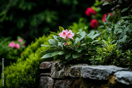 Colorful Flowers Blooming in a Well-Maintained Garden With Stone Walls and Lu...