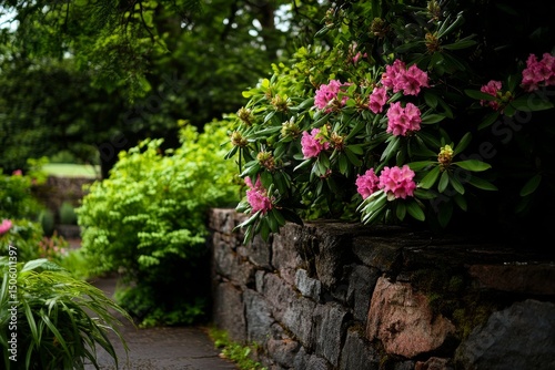 Vibrant Pink Flowers Bloom Alongside a Stone Pathway in a Serene Garden Setting