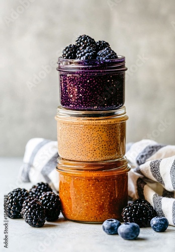 Tasty Layered Desserts With Fruits and Chia Seeds in Jars on a Striped Kitche...