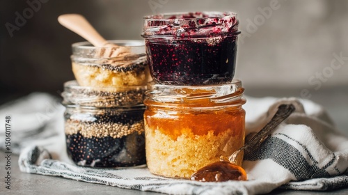 Homemade Jams and Preserves Displayed in Jars on a Kitchen Countertop With a ...