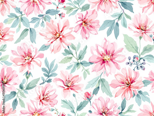 Seamless pattern watercolor background pattern pink pions flowers on white background