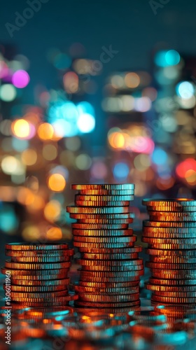 Stacks of Coins Glimmering Under City Lights at Dusk.