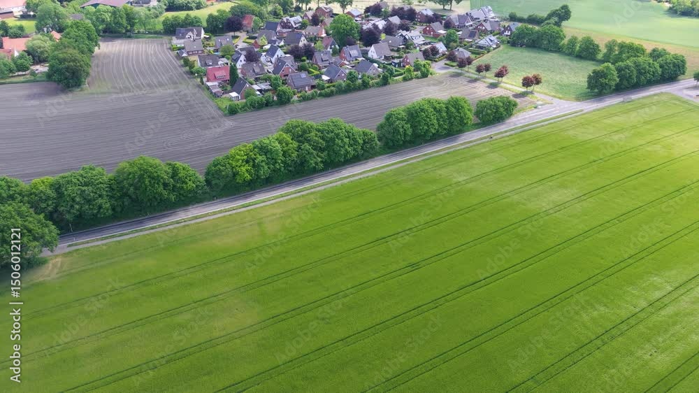 View of green fields and farms in Hoerstel, Germany View of green fields and farms in Hoerstel, Germany