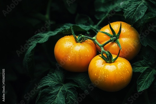 Fresh Yellow Tomatoes Growing on Vine in Garden With Water Droplets.
