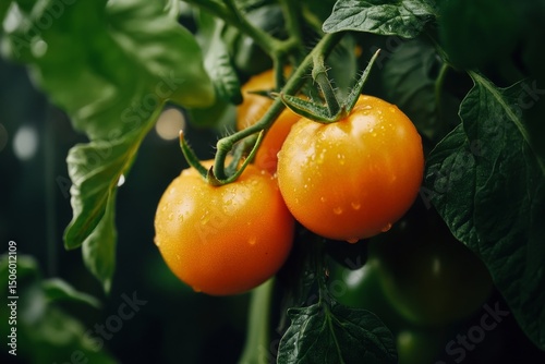 Fresh Yellow Tomatoes Growing on Vine in Garden With Water Droplets