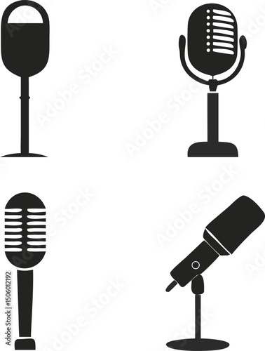 Collection of Four Black and White Microphone Icons with Different Styles and Designs for Audio Recording and Broadcasting Purposes