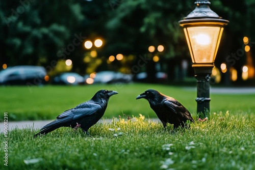 Two Black Birds Gather Near a Park Lamp on a Calm Evening With Streetlights G...