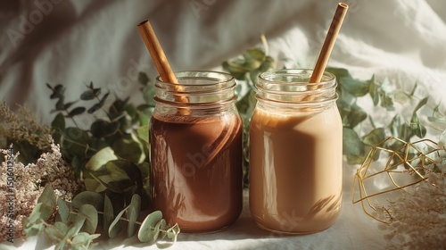 Delicious Iced Coffee Drinks With Decorative Elements in a Cozy Setting.