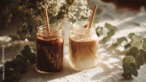 Delicious Iced Coffee Drinks With Decorative Elements in a Cozy Setting