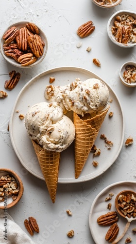 Delicious Pecan Ice Cream Served in Waffle Cones With Nuts on a Light Surface