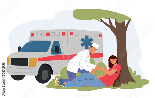 Woman feeling bad while walking in park, paramedic helping patient providing first aid cartoon scene