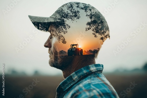 Sunset reflected in farmer's silhouette at twilight on rural land