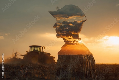 Farmer silhouetted against golden sunset with tractor in vibrant landscape