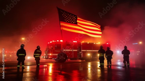 Firefighters celebrate heroism under a flag in a dramatic night scene.