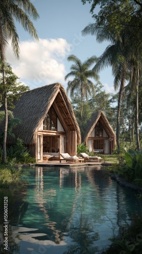Cozy Hillside Cabins Surrounded by Lush Greenery Near a Tranquil Pond