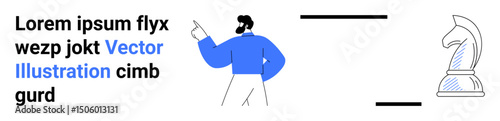 Person in blue sweater pointing toward text and chess knight references ideas, strategy, and interaction. Ideal for leadership, decision-making, communication, strategy planning, education, teamwork