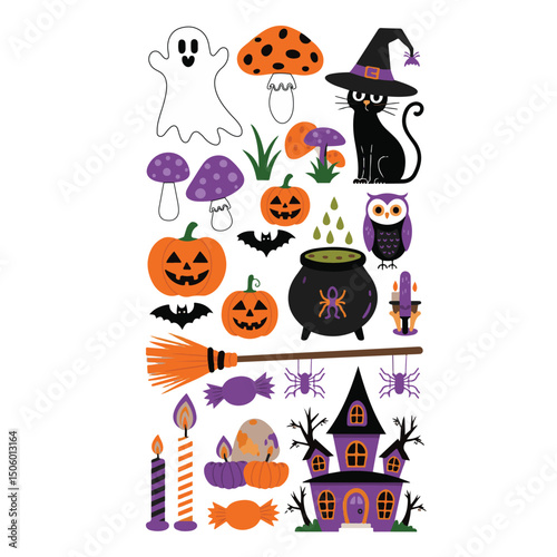 Halloween vector set features spooky cartoon icons like pumpkin, bat, cat, witch hat, ghost, spider, monster, skull silhouettes for a fun October holiday celebration