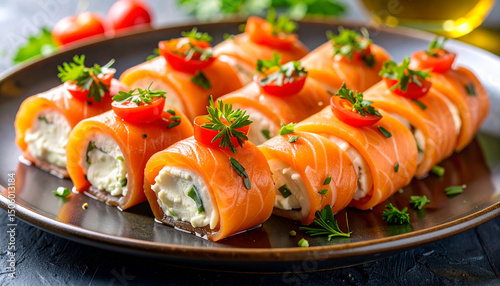Smoked salmon rolls with cream cheese and fresh herbs, fresh tomatoes. Tasty food. Delicious meal.