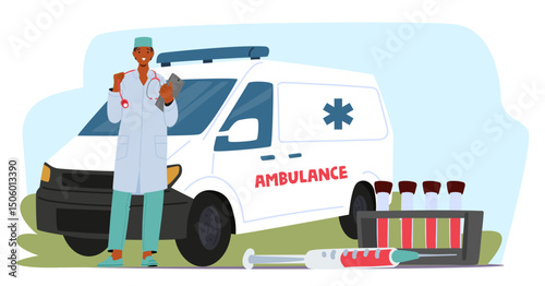Doctor standing nearby ambulance car advertising high quality professional emergency service