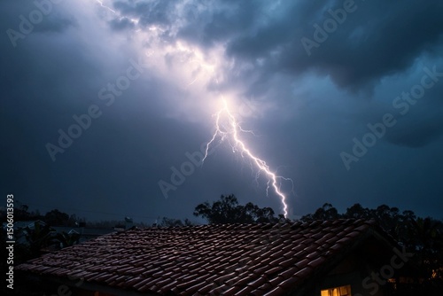 Intense lightning strikes over a peaceful house during a stormy evening
