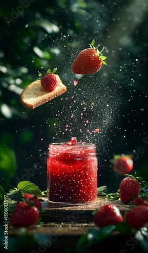 Strawberries and Jam Floating Above a Slice of Bread in a Vibrant Forest Setting