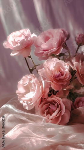 Beautiful Pink Roses Arranged Elegantly on Soft Fabric in a Serene Setting