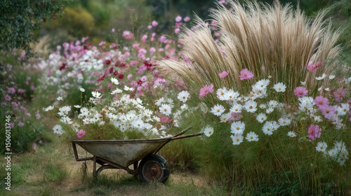 Colorful Garden Overflowing With Flowers and a Wheelbarrow in Bright Daylight