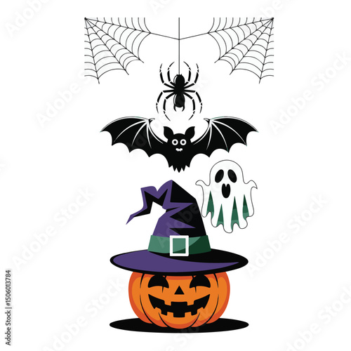 Orange halloween illustration with spooky pumpkin face, black bats silhouette, and a witch hat suggests a scary autumn holiday celebration
