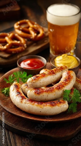 Grilled Sausages Served With Pretzels and Craft Beer on Rustic Wooden Table