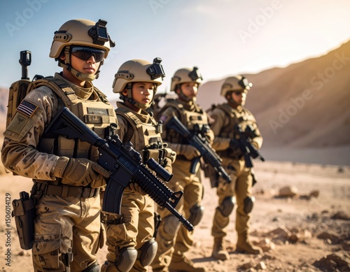 Four soldiers in desert terrain, focused stance
