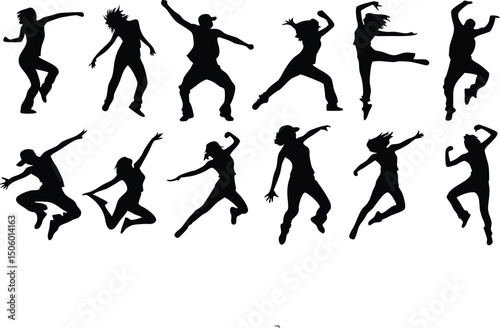 Silhouettes of diverse people dancing and jumping with energy and enthusiasm