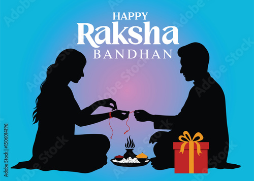 Raksha Bandhan Silhouette Art – Brother Sister Festival Vector  with Gift and Puja Thali .