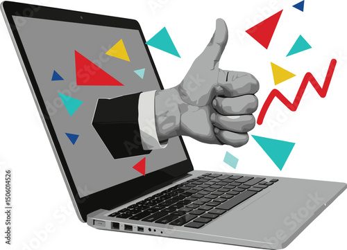 A hand with a thumb up comes out of a laptop monitor. 