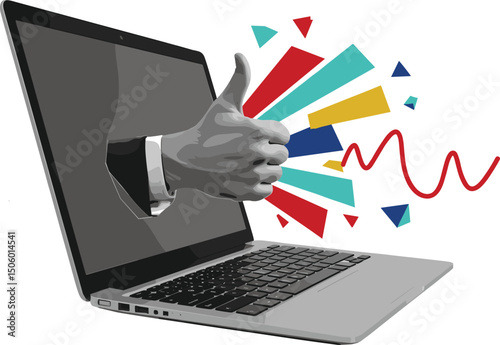 A hand with a thumb up comes out of a laptop monitor. 