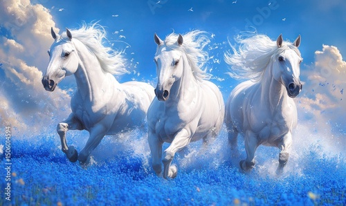 Three white horses running in a field of blue flowers