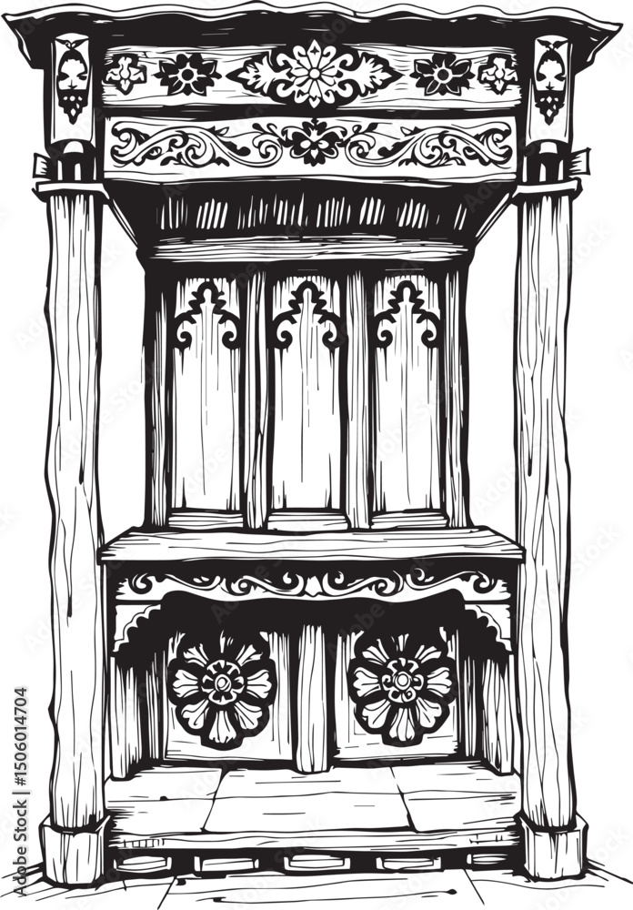 Fototapeta premium Ancient Slavic architecture, the patterns are made with wood carvings. Hand drawn vector illustration