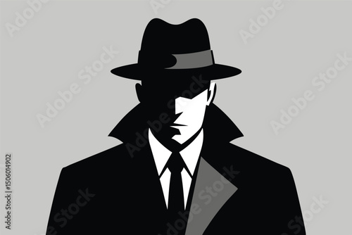 black and white portrait of a man in a suit and hat, dramatic lighting, cinematic, film noir style, mysterious, high contrast, silhouette
