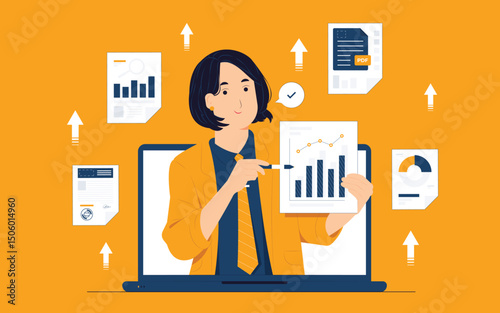 Businesswoman holding pen while showing and pointing to paper chart, do business video call conference, telecommuting, Webinar, using laptop talk to colleagues, and remote working concept illustration