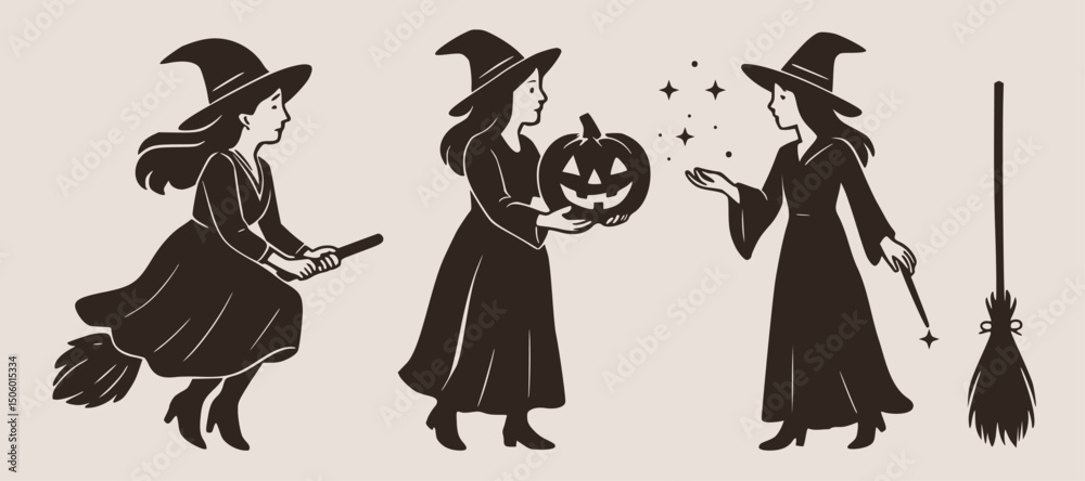 Fototapeta premium Witch Broom Silhouette Halloween Vector Spooky Set Witchcraft Broomstick Woman Isolated Party Character Collection