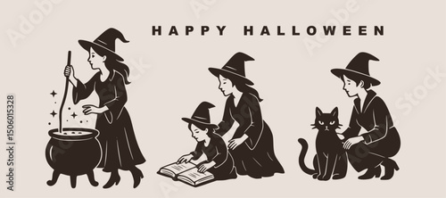 Witch Silhouette Halloween Vector Spooky Set Witchcraft Woman Isolated Party Character Collection