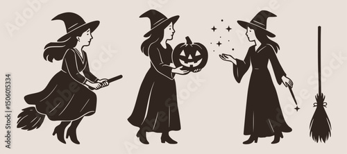 Witch Broom Silhouette Halloween Vector Spooky Set Witchcraft Broomstick Woman Isolated Party Character Collection
