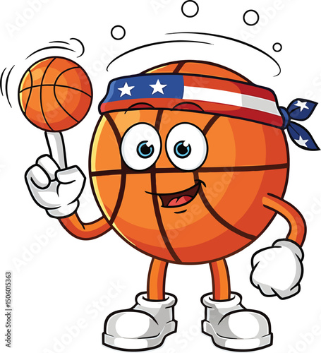 Patriotic Basketball Mascot: A cheerful basketball character, adorned in a stars-and-stripes headband, playfully spins a miniature basketball on its finger, exuding fun and national pride. 