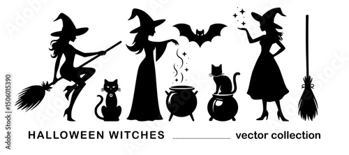 Witch Broom Silhouette Halloween Vector Spooky Set Witchcraft Broomstick Woman Isolated Party Character Collection