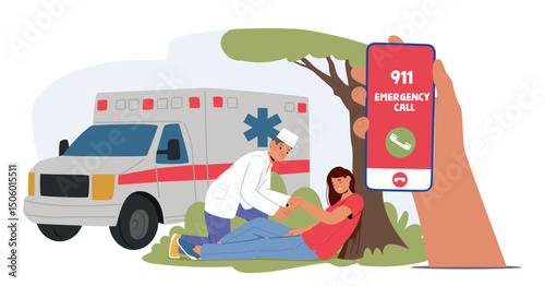 Woman having injury on walk in park calling emergency ambulance service for first aid cartoon scene