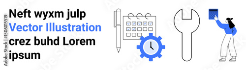 Pen, calendar, gear with clock, wrench, and a worker holding a box. Ideal for productivity, organization, workflow, planning engineering teamwork and simple landing page