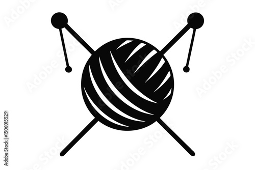 knitting ball, yarn, knitting needles, black and white, vector illustration, minimalist style
