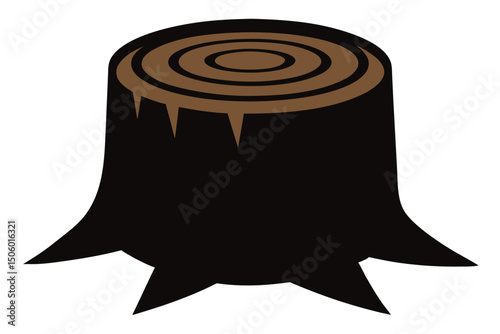 a large wood stump, a dark silhouette in a minimalist style, abstract tree trunk, intricate wood grain texture, simple yet striking design, monochrome palette, bold geometric shapes, iconic nature sym