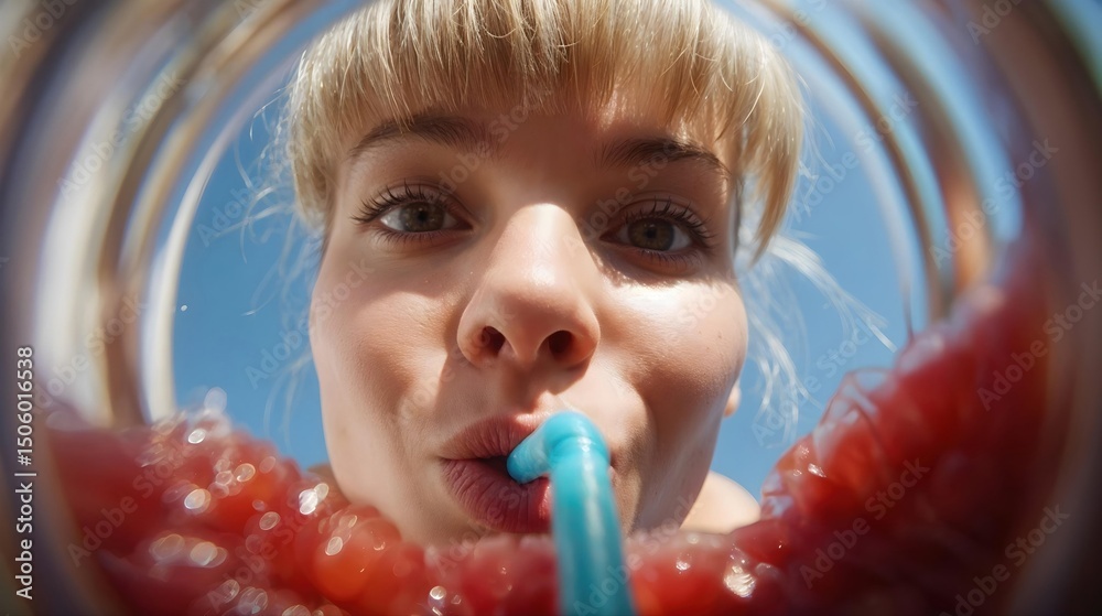 Naklejka premium Jeune femme blonde buvant cocktail rouge avec paille bleue, gros plan