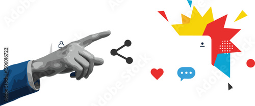 Black and white hand press share button. Modern collage style. 
