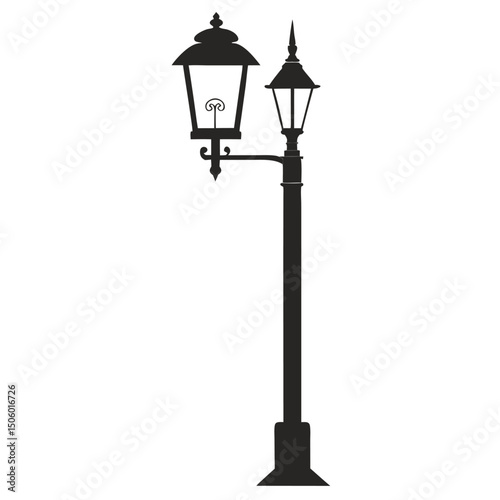 Elegant Black Silhouette of a Vintage Style Street Lamp with Two Lanterns on a White Background